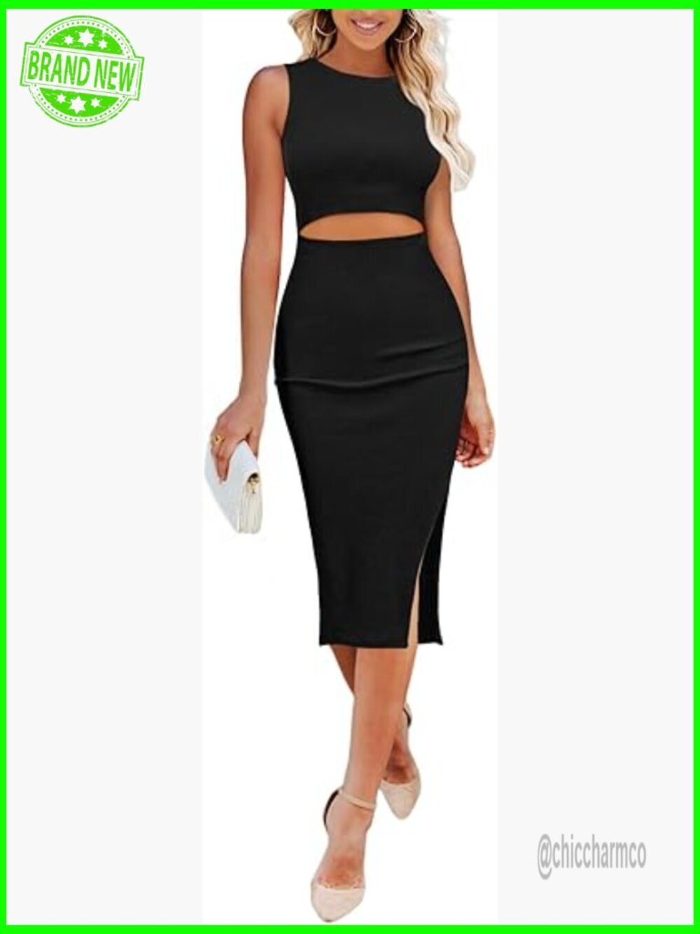 Sleeveless Bodycon Midi Dress with Cutout and Side Slit, Knee Length